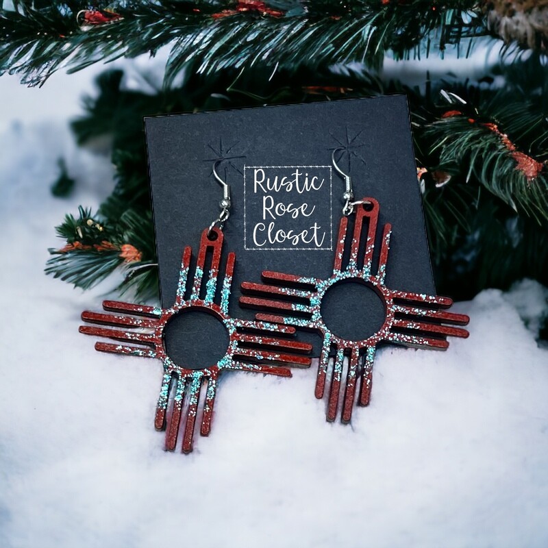 Red 2” Zia Earrings with Turquoise Glitter 
