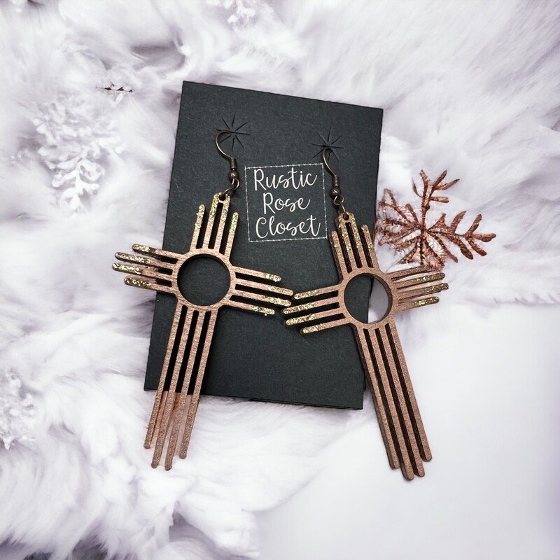 Copper Brown 3” Zia Earrings with Gold Glitter Tips