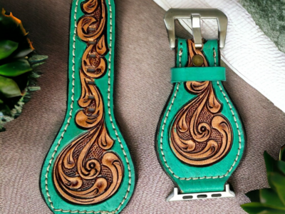 Teal Natural Tooled Leather Watch Band