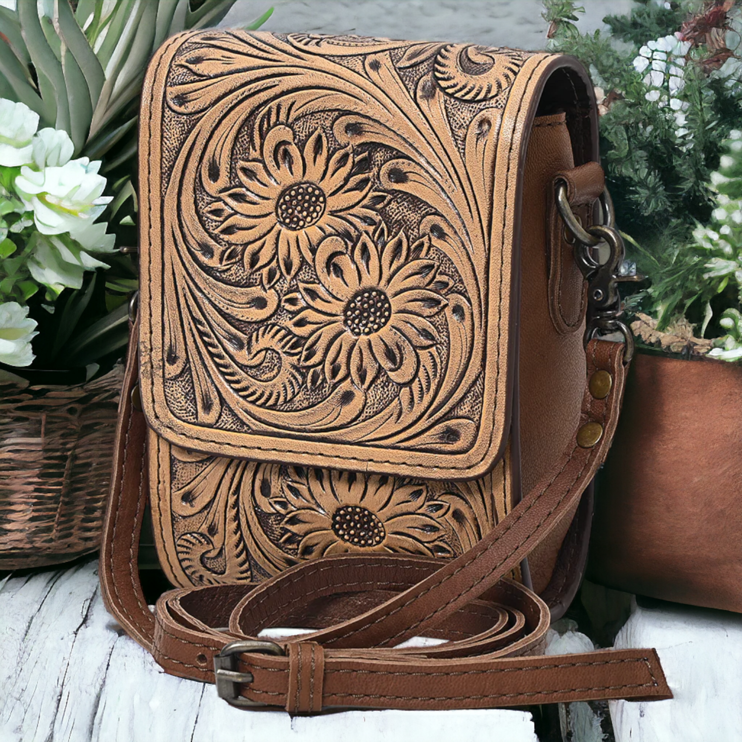 Phone Crossbody Bag Tooled Natural Leather 