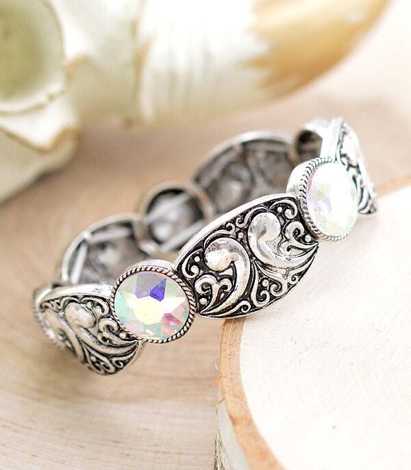 Tooled Look Glass Stone Silver Bracelet