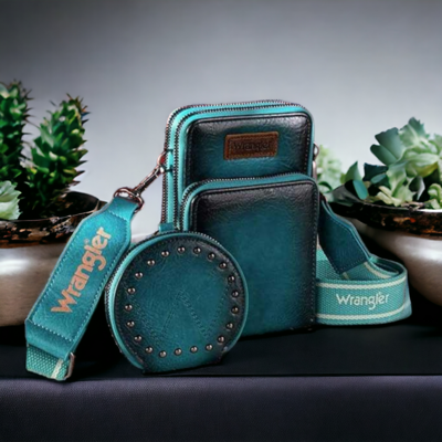 Wrangler Teal Crossbody Cell Phone Purse 3 Zippered Compartment with Coin Pouch