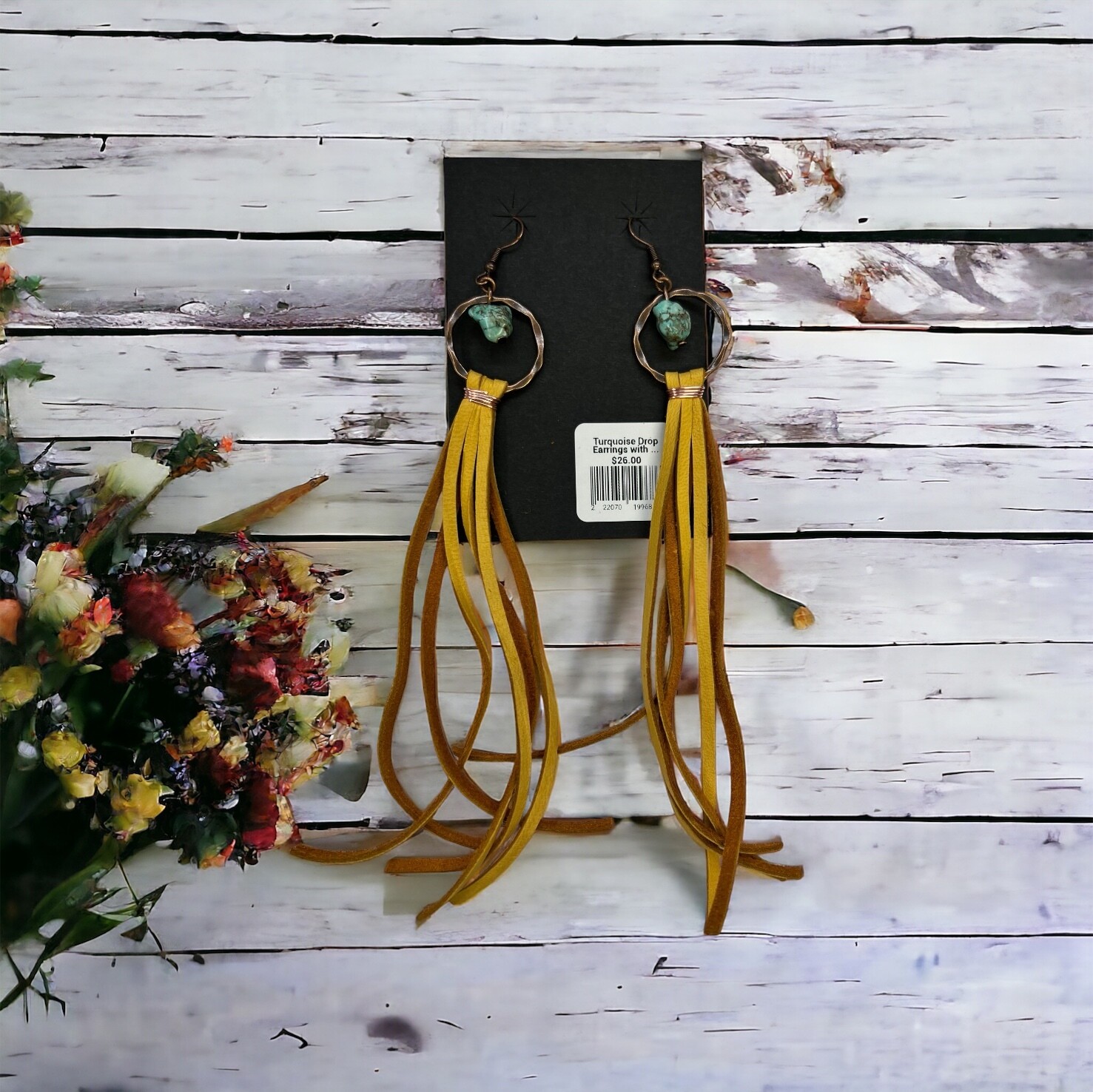 Turquoise Drop Earrings with Leather Tassel-Mustard 