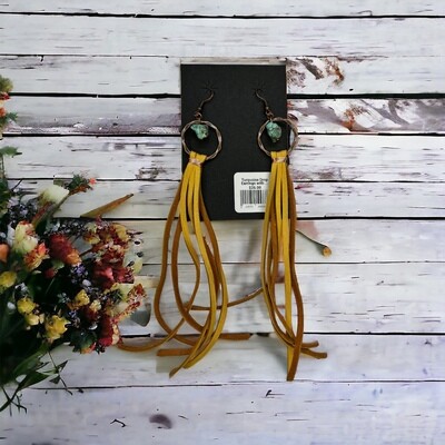 Turquoise Drop Earrings with Leather Tassel-Mustard 