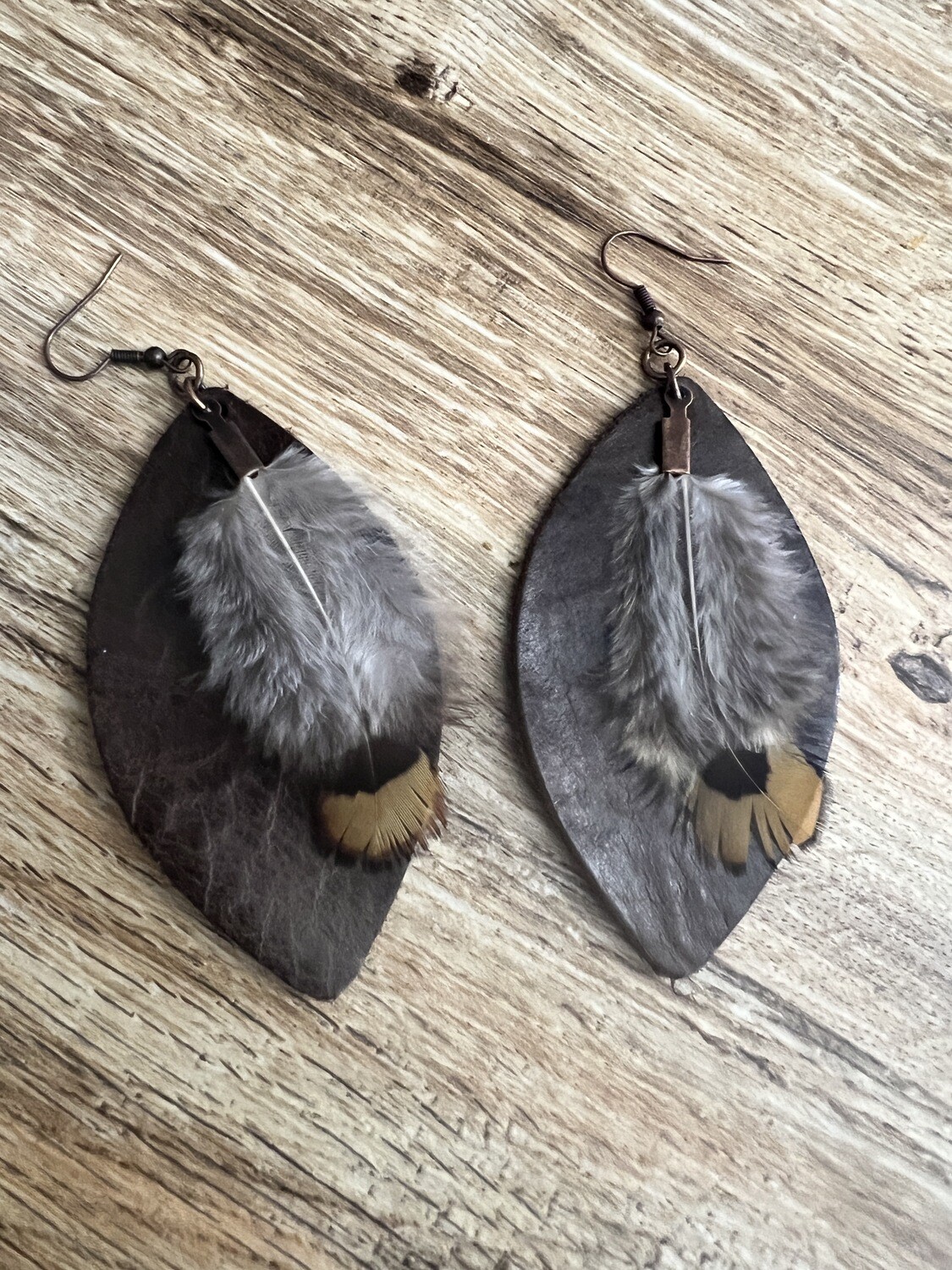 Western Leather Oval Earrings Brown with Yellow Feather