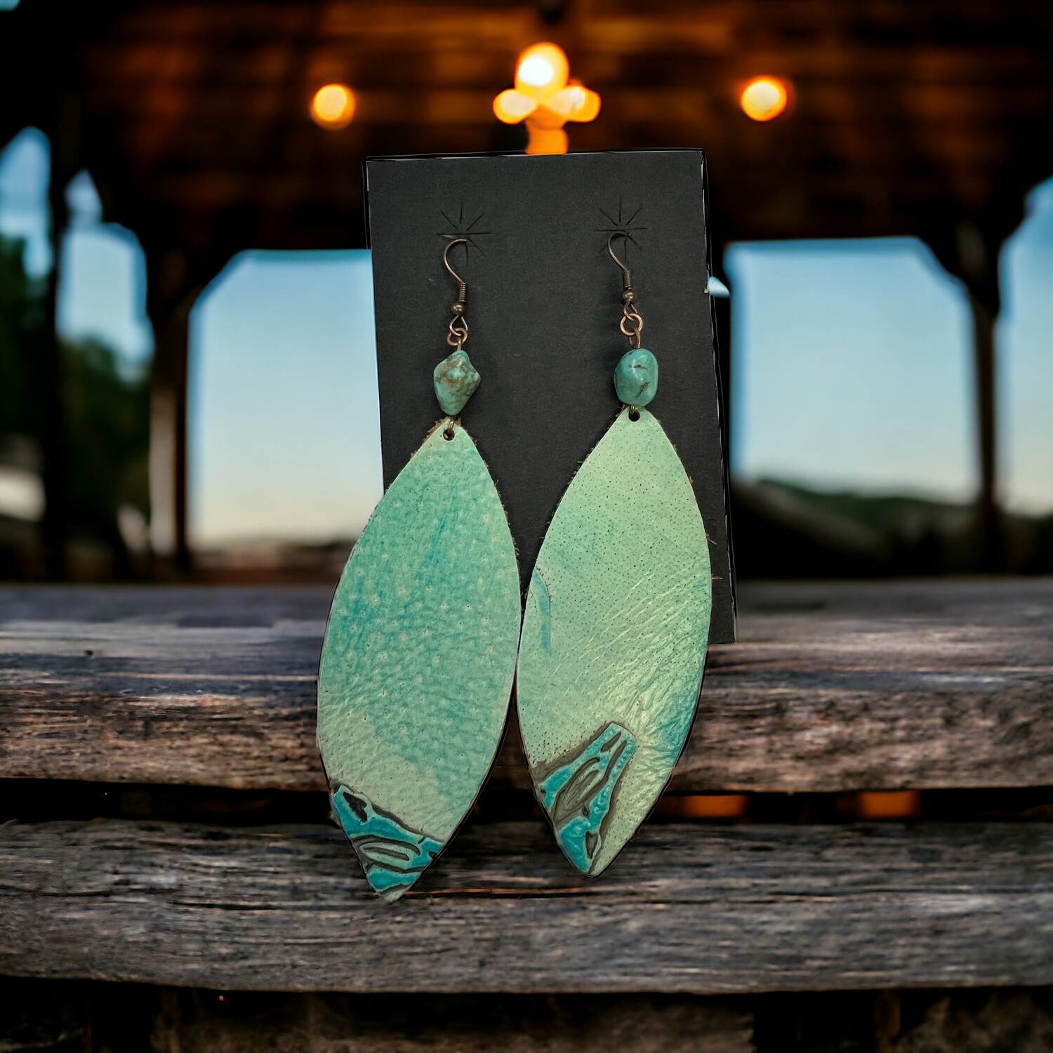 Leather Oval Earring Turquoise Steer & Turquoise Accent