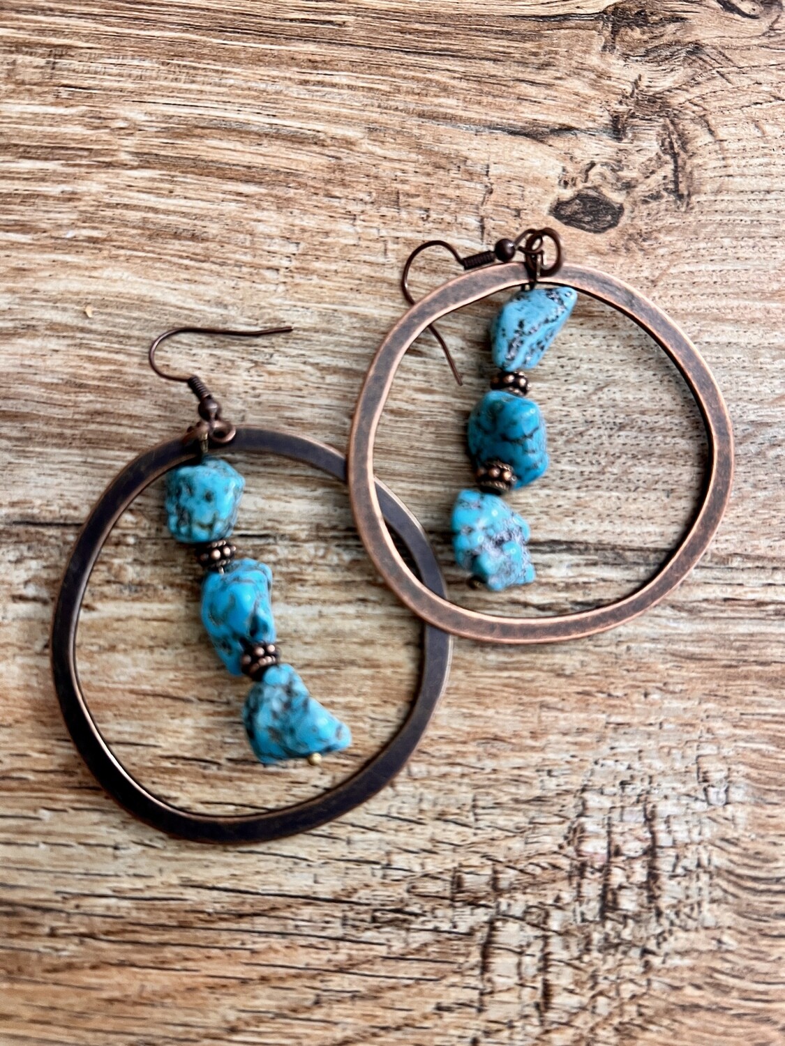 Copper Hoop Earrings with Blue Turquoise and Copper