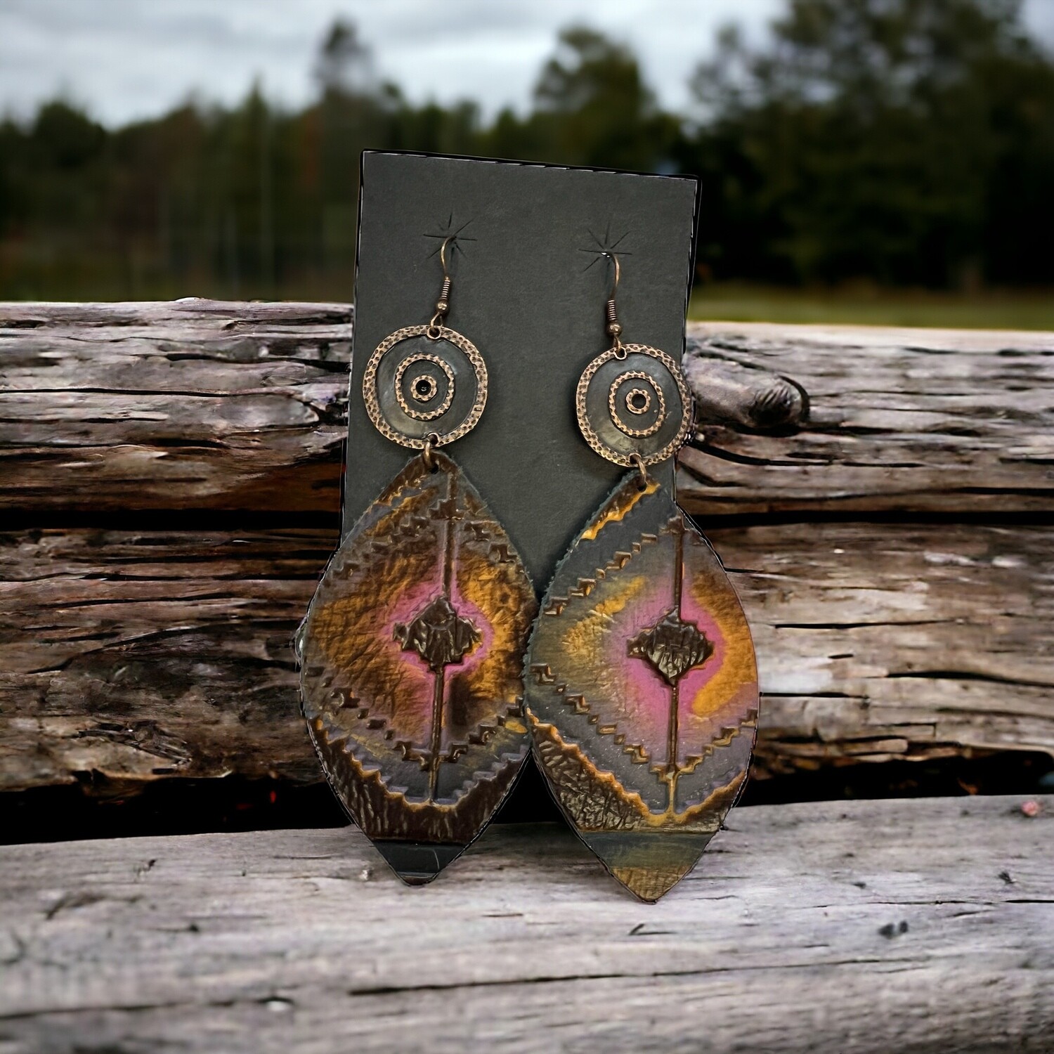 Leather Oval Earrings in Magenta Navajo w/ Copper Discs 