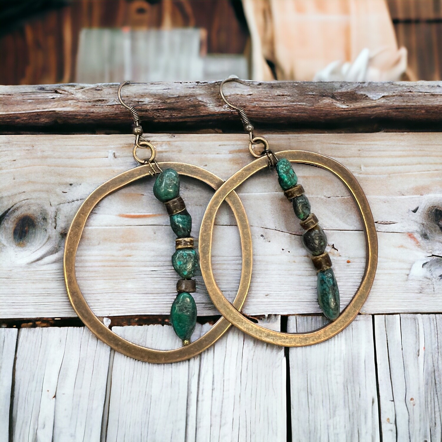 Copper Hoop Earrings with Natural Turquoise and Wood