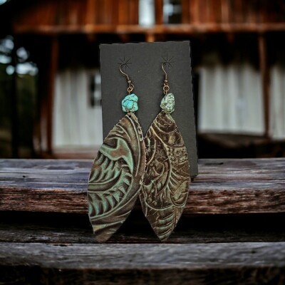 Leather Oval Earrings in Brown Floral w/ Turquoise Accent 