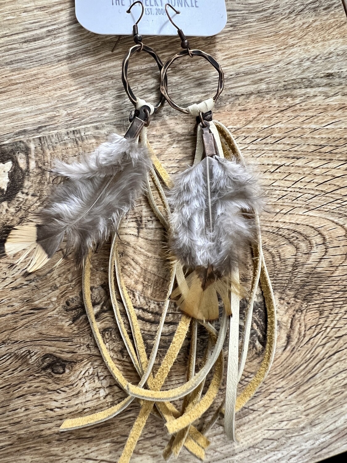 Bone Deer Skin Leather Tassel Earring-Yellow Feather 