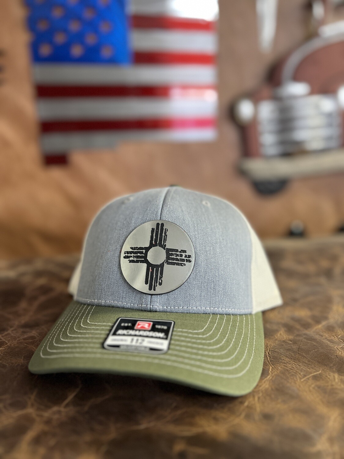 Gray/Cream/Olive Round Silver Rustic Zia Patch Richardson 112 Hat