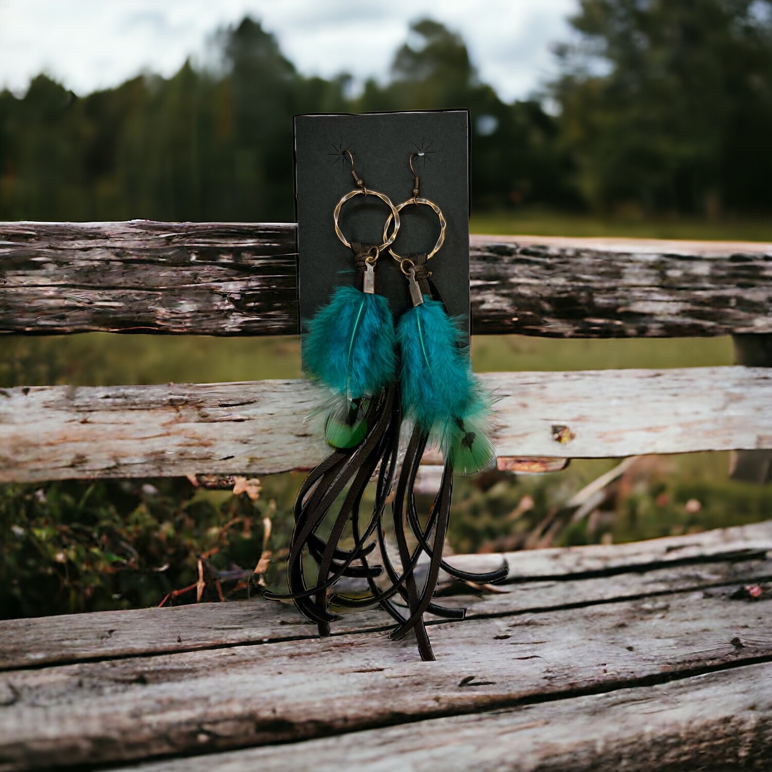 Turquoise Feather Brown Deer Skin Leather Tassel Earring-Brown Feather 