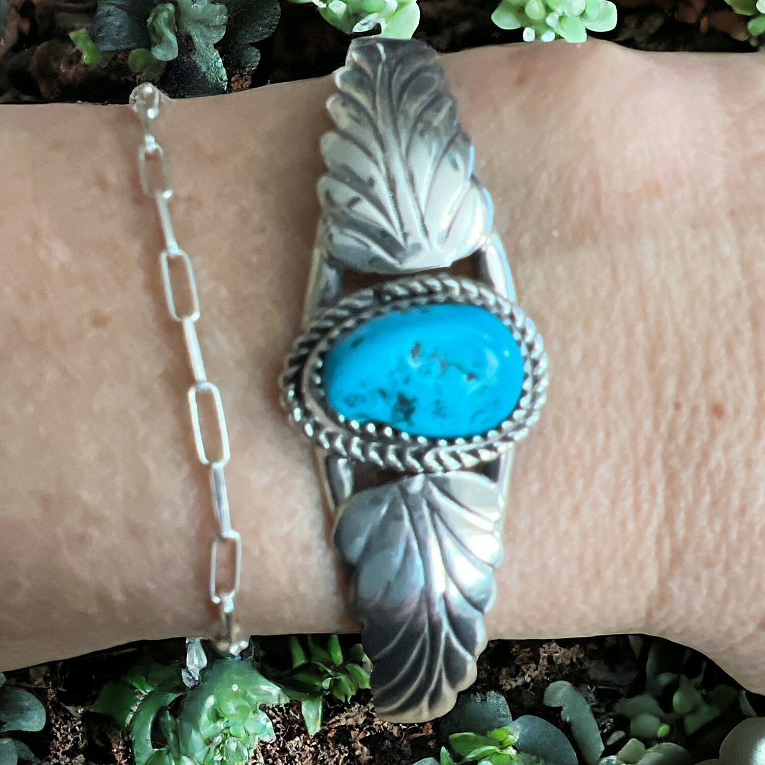 Leaves & Turquoise Cuff Sterling Silver Bracelet