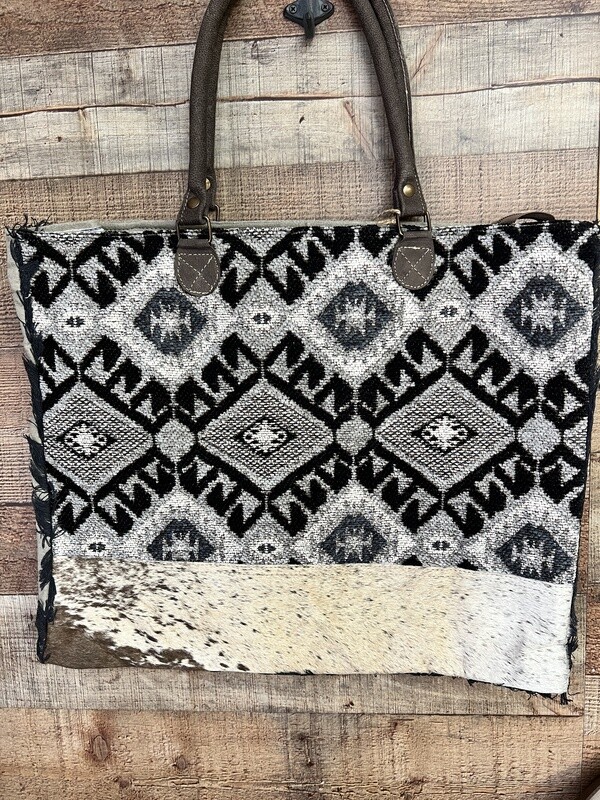 Aztec Canvas &amp; Cowhide Weekender Tote Bag