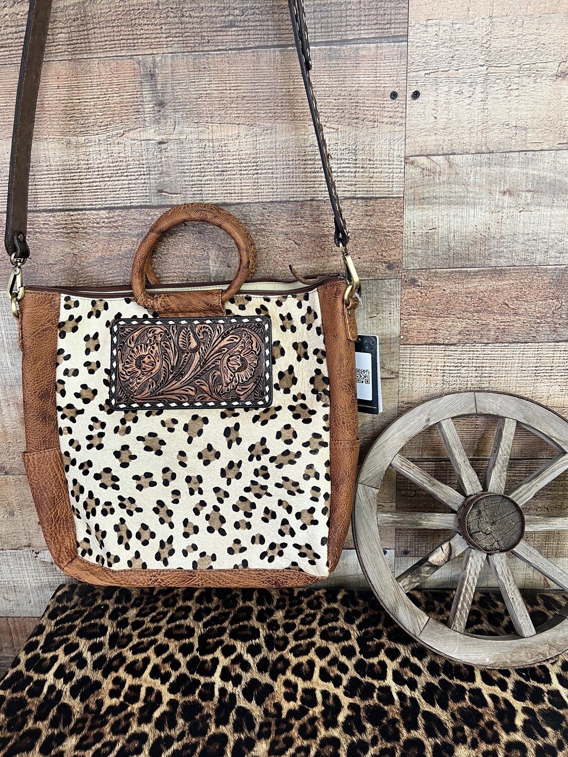 Leopard Hide & Tooled Leather Crossbody Bag