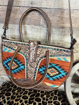 Rust Aztec Saddle Blanket Tooled Handbag
