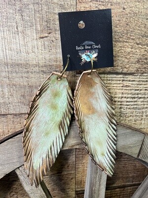 Hand-cut Dirty Copper Teal Leather Feather Earrings