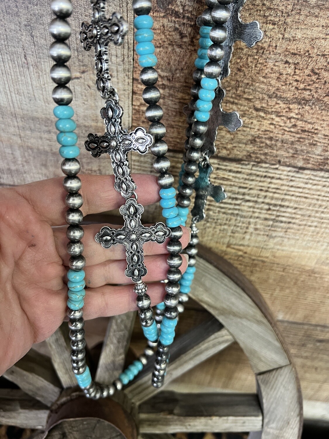 Cross Mountain Turquoise &amp; Silver Pearl Necklace Earring Set 