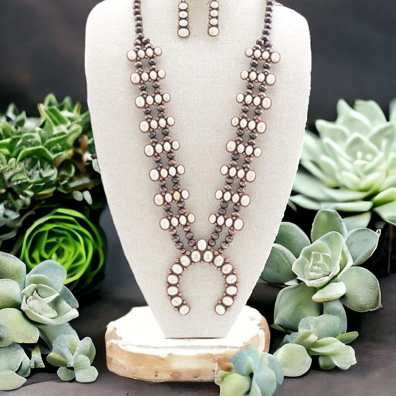 Fashion White Copper Squash Blossom Necklace Set