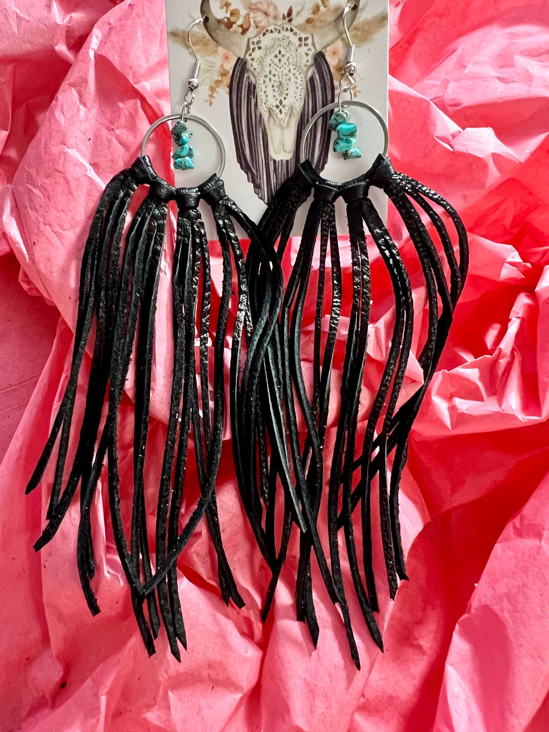 Bozeman Fringe Earrings w/ Turquoise Beads - Black