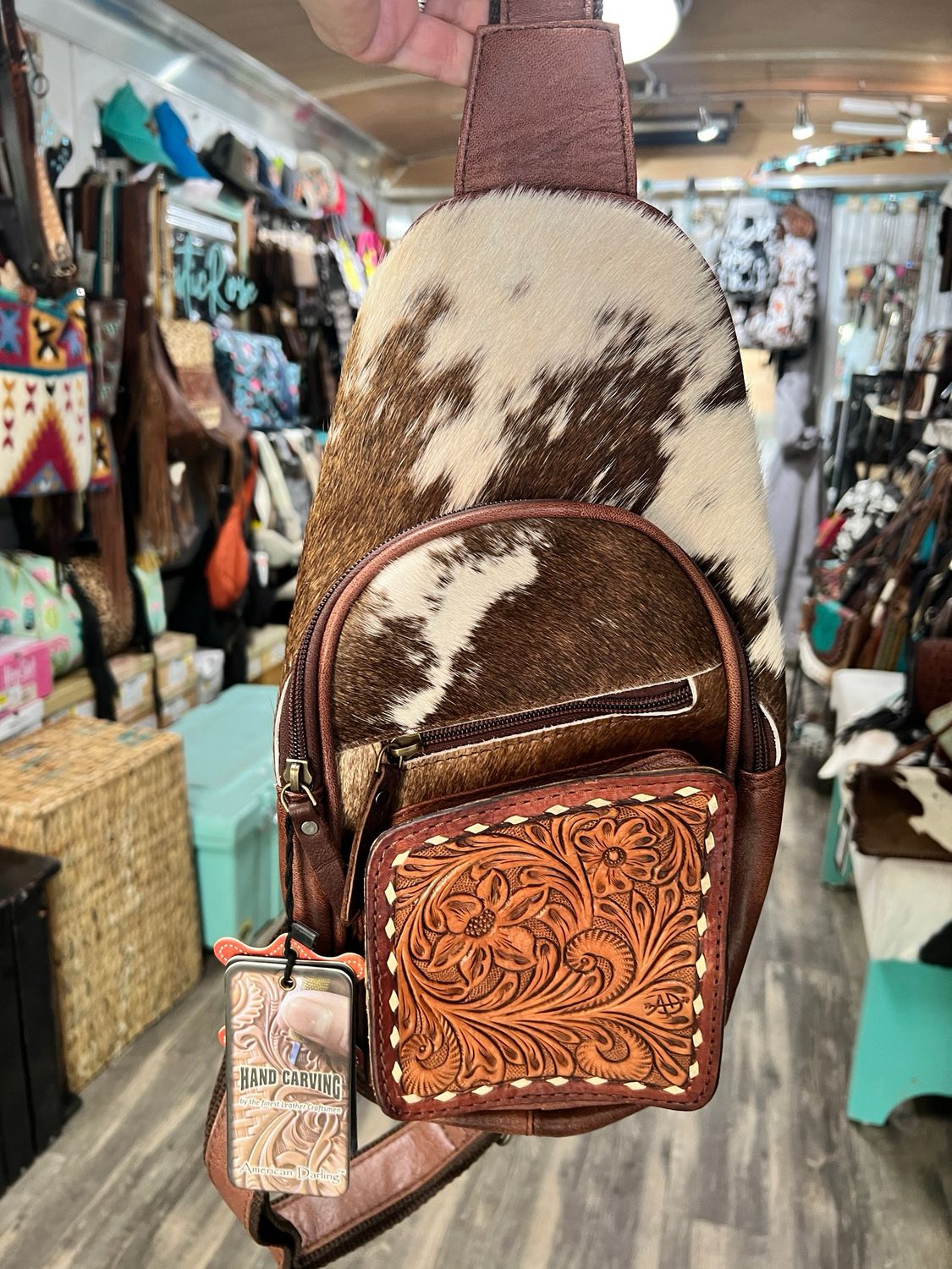 Black White Cowhide Leather Sling Bag 