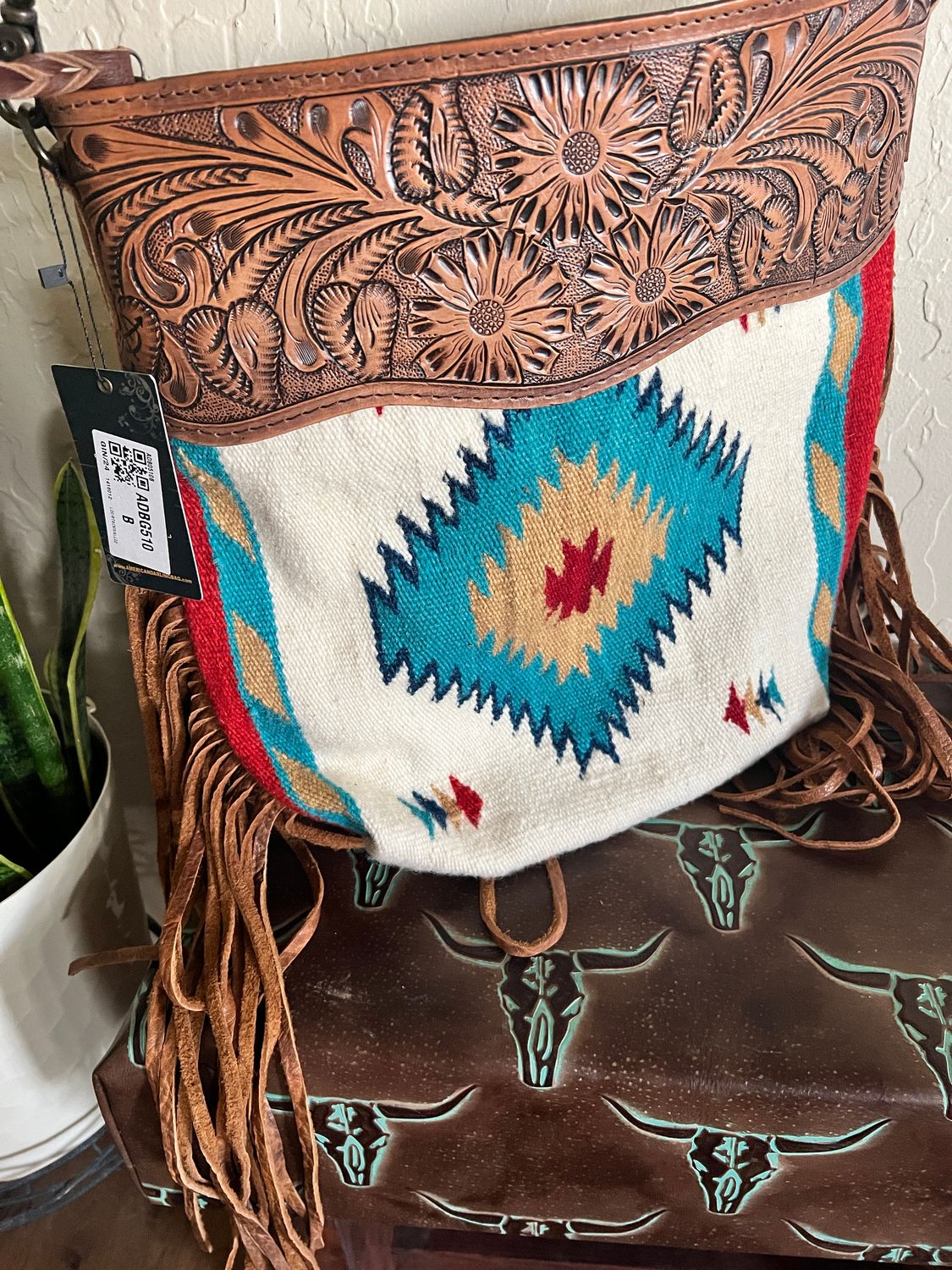 Aztec Saddle Blanket Crossbody Bag with Tooled Leather &amp; Fringe