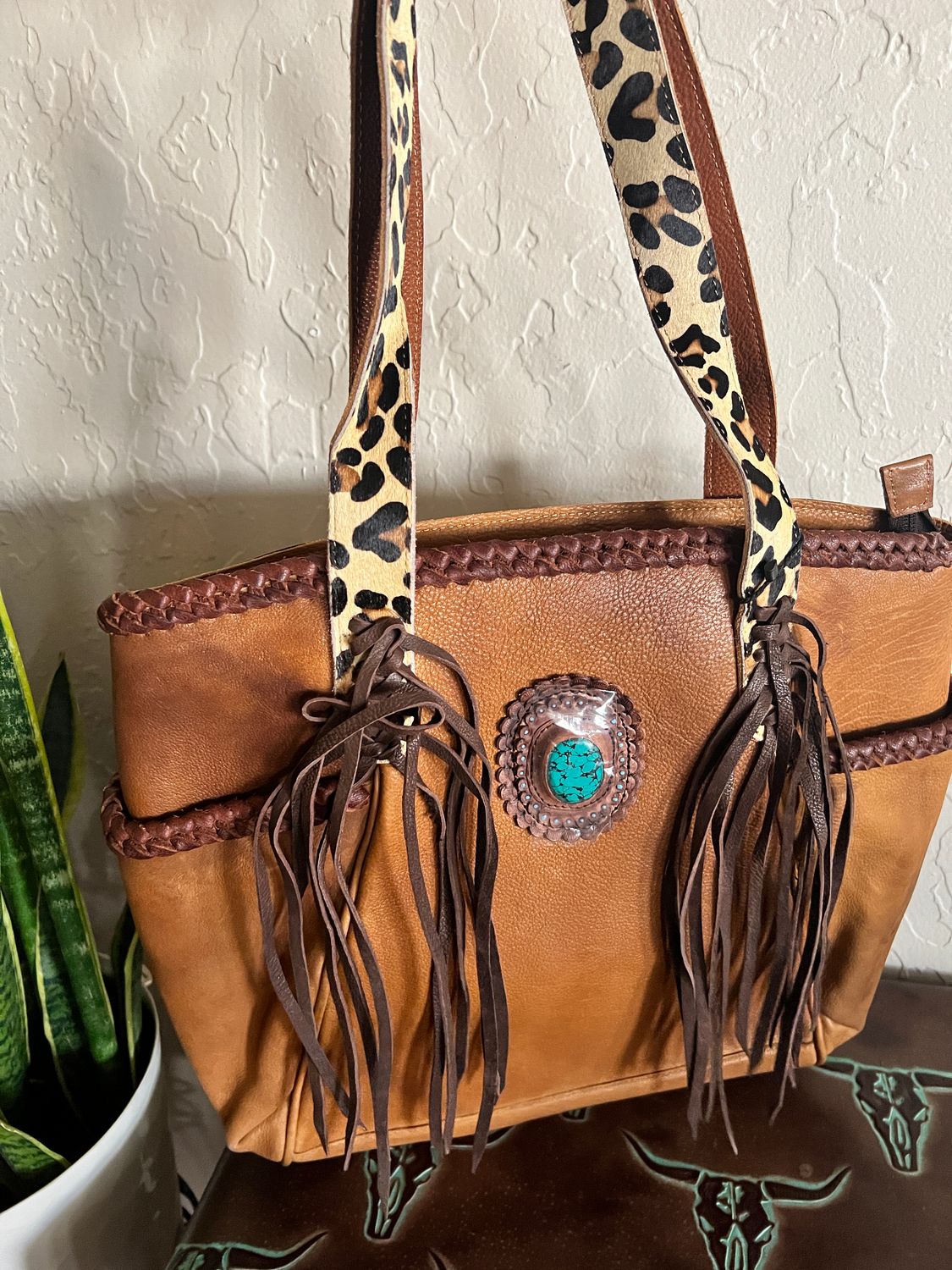 Turquoise Stone Leather Tote Bag with Fringe &amp; Leopard Straps