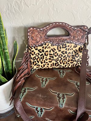 Leopard Tooled Clutch Crossbody with Fringe
