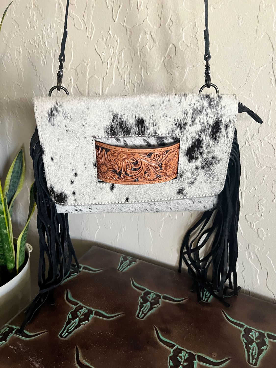Black White Cowhide with Tooled Leather Clutch
