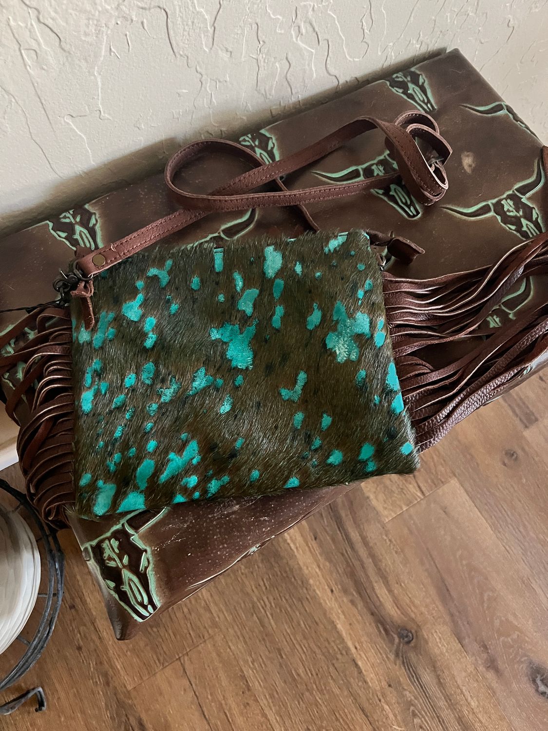 Brown Turquoise Cowhide Crossbody with Fringe