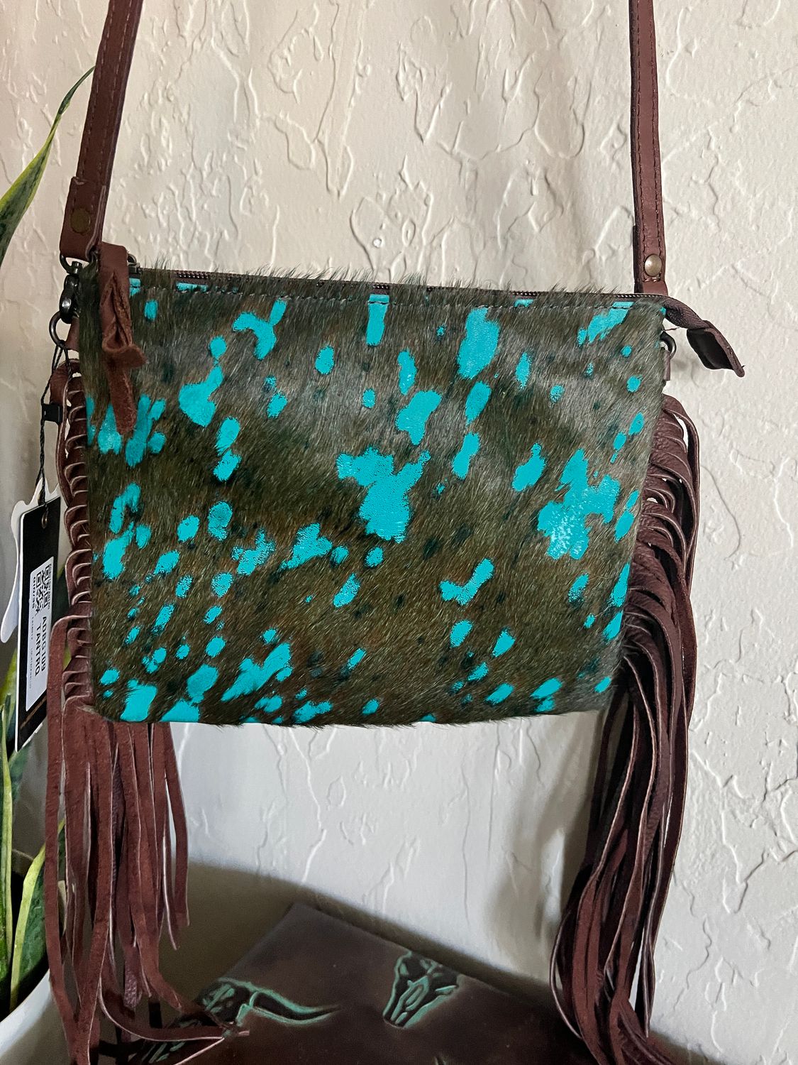 Brown Turquoise Cowhide Crossbody with Fringe