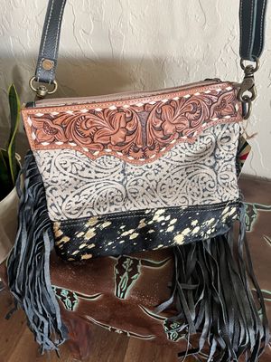 Cowhide Canvas Tooled Leather Fringe Crossbody