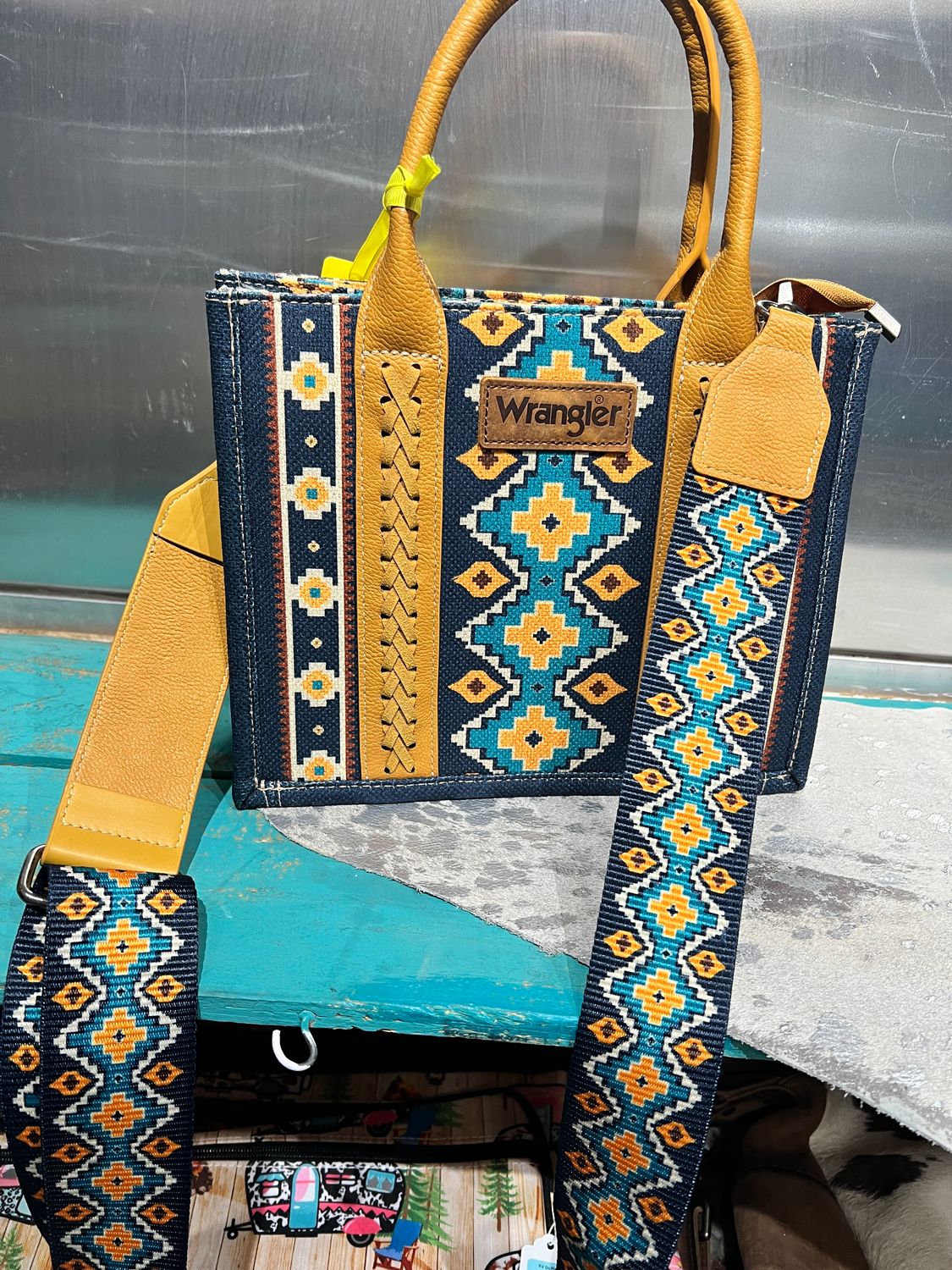 Wrangler Navy Mustard Southwestern Print Small Canvas Tote/Crossbody
