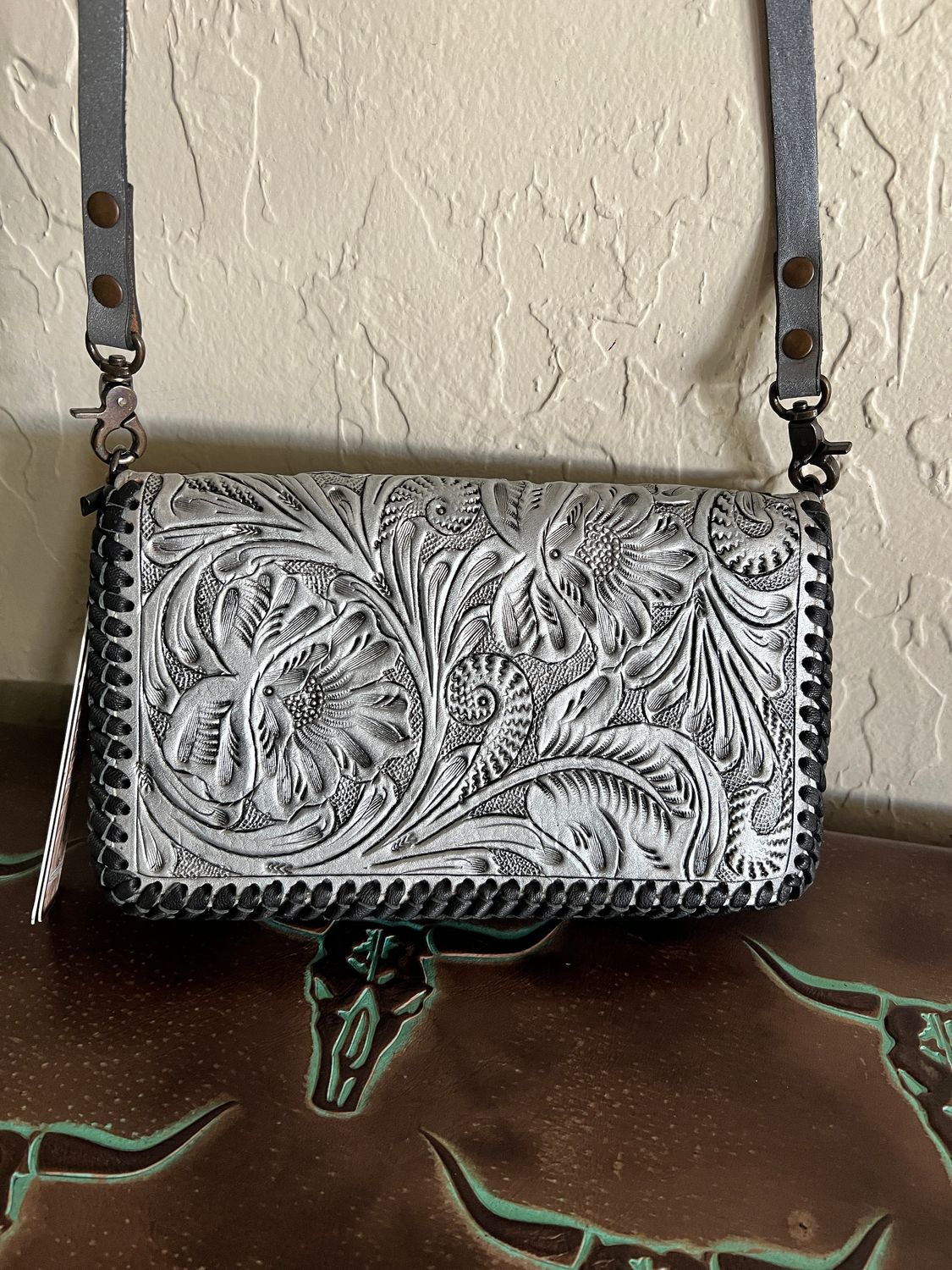 Silver Tooled Wallet Clutch Crossbody