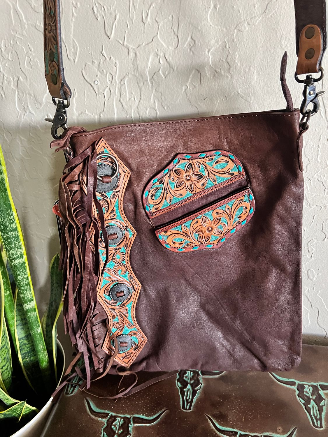 Chocolate Leather &amp; Teal Tooled Design &amp; Strap Crossbody