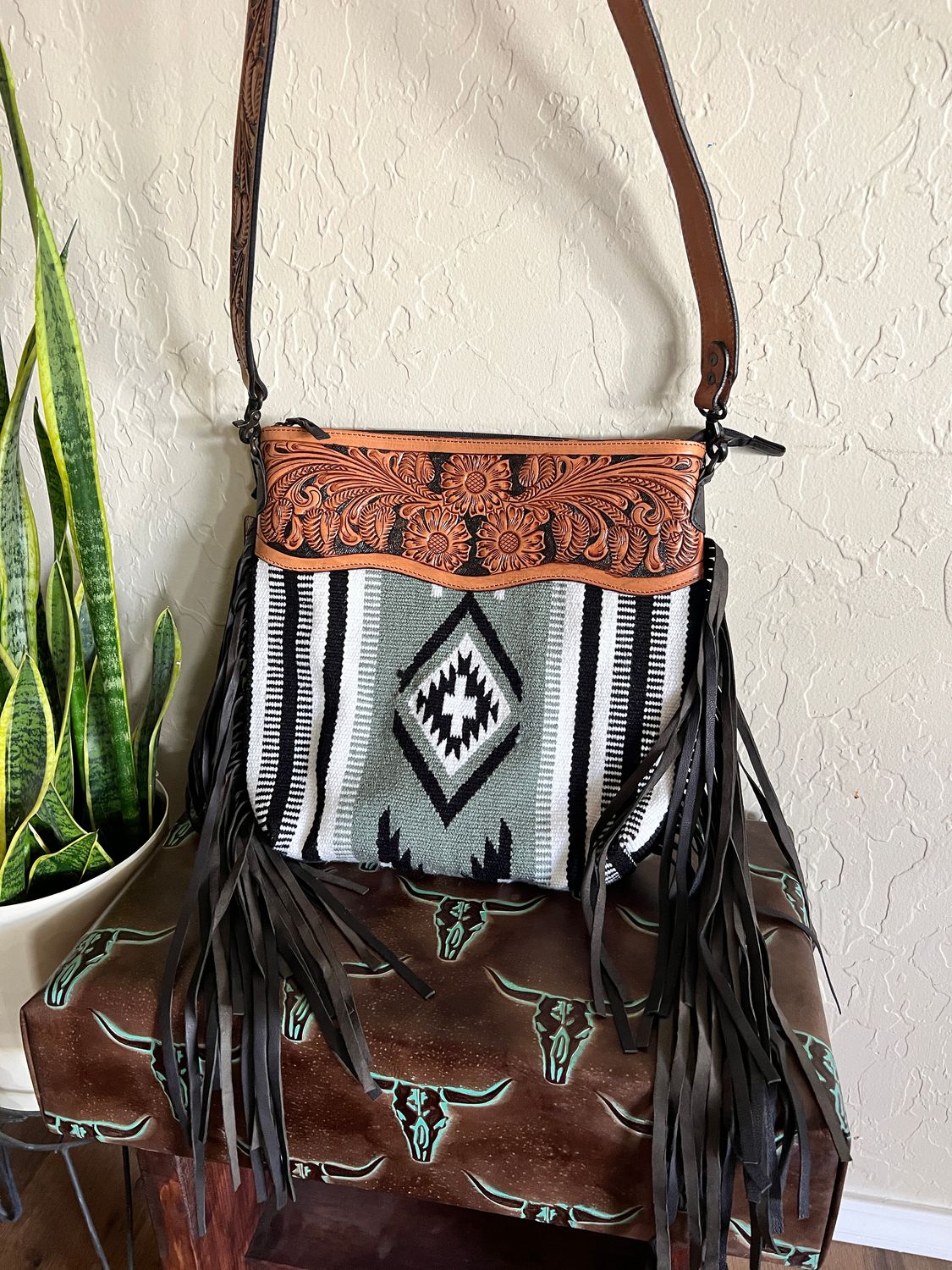 Gray Aztec Saddle Blanket Tooled Crossbody 