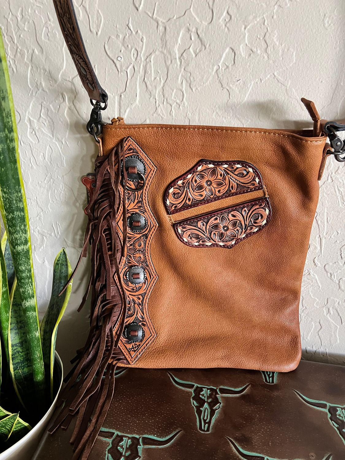 Rustic Leather Tooled Strap Crossbody