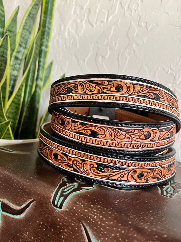 Dark Brown Outlined Tooled Leather Belts