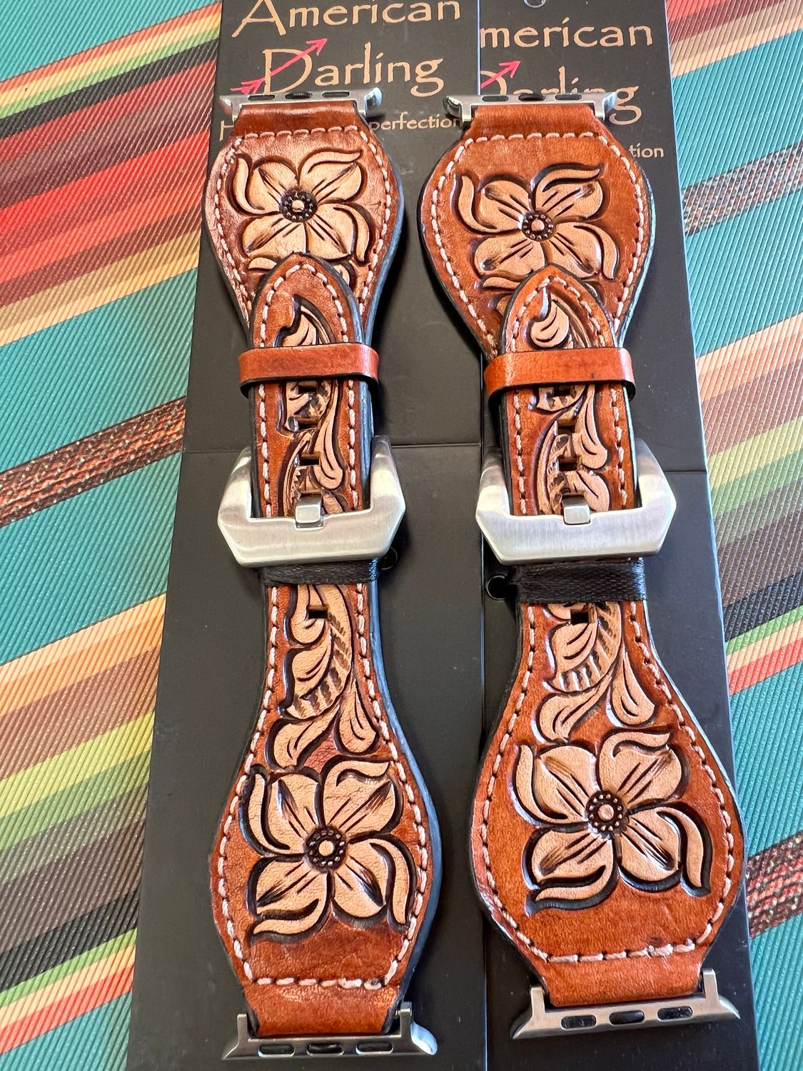 Natural Floral Tooled Leather Watchband