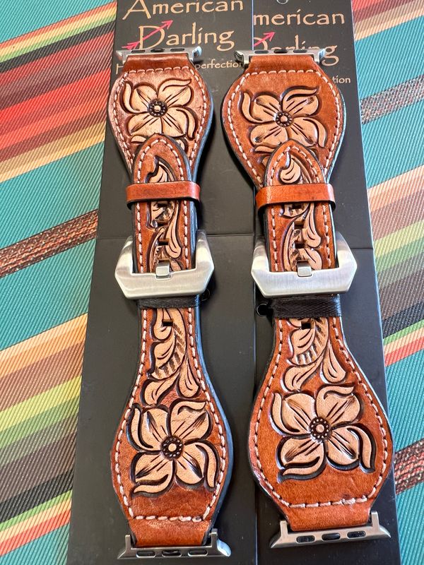 Natural Floral Tooled Leather Watchband