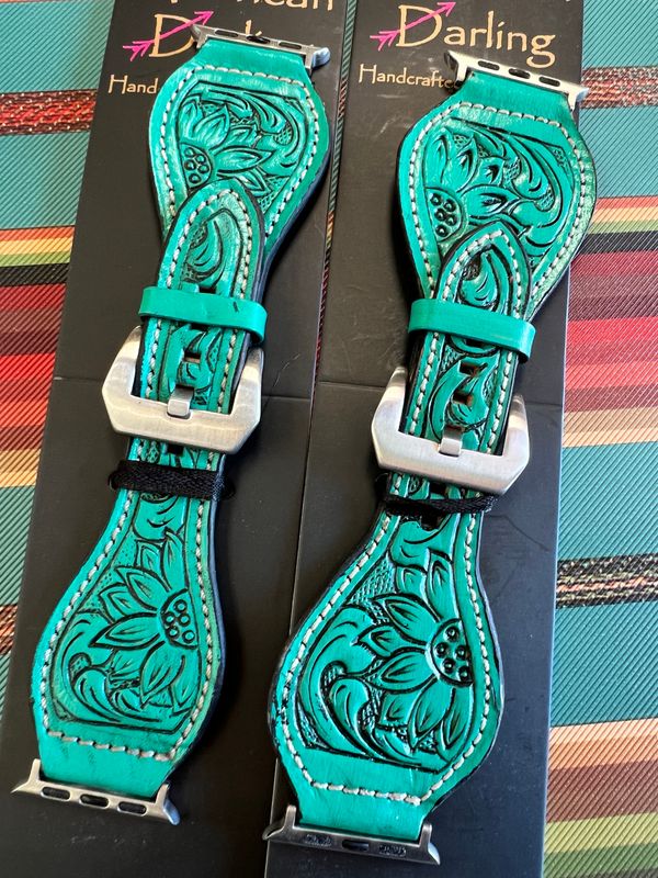 All Teal Tooled Leather Watchband