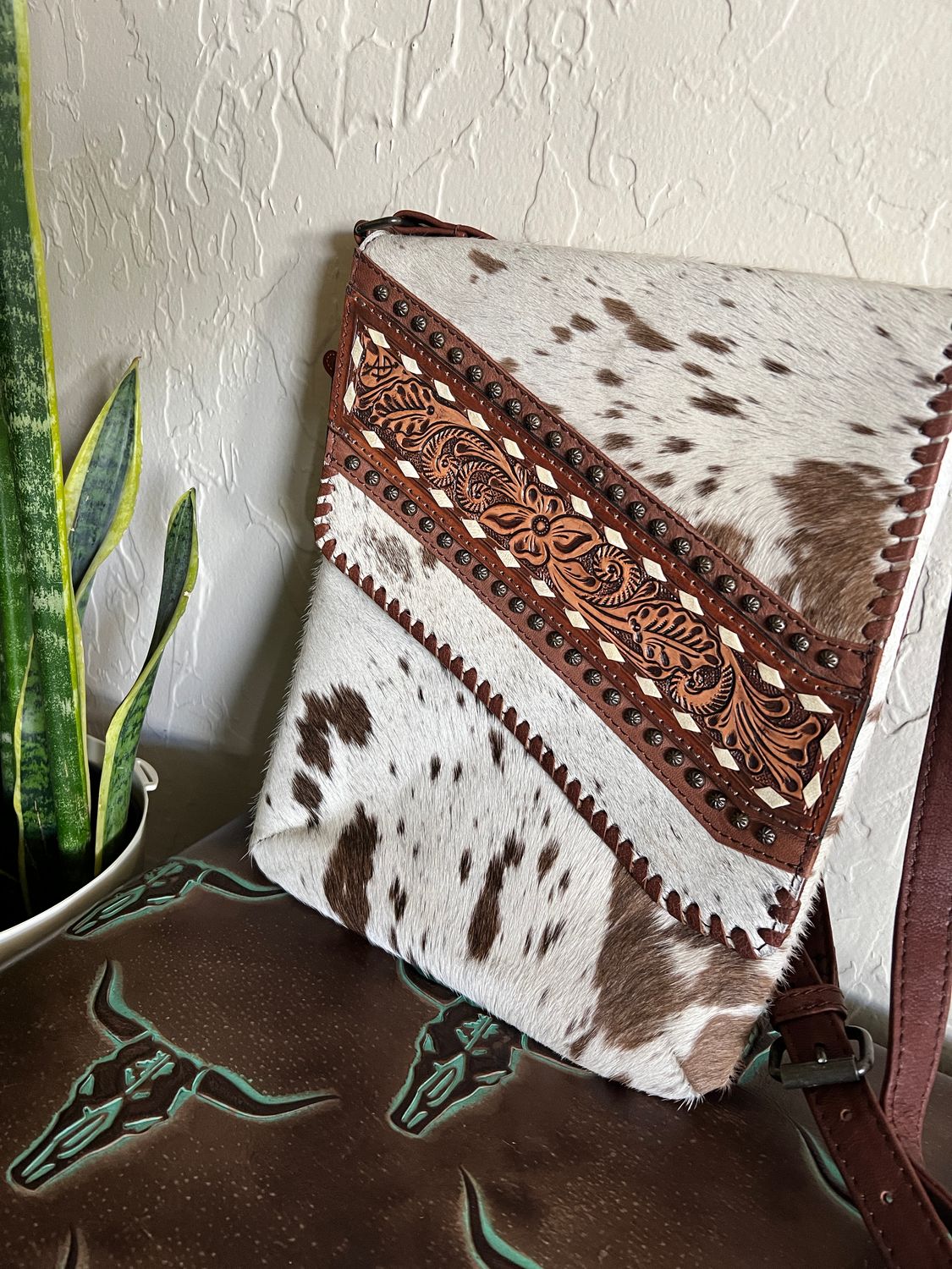 Cowhide Crossbody with Tooled Leather Flap