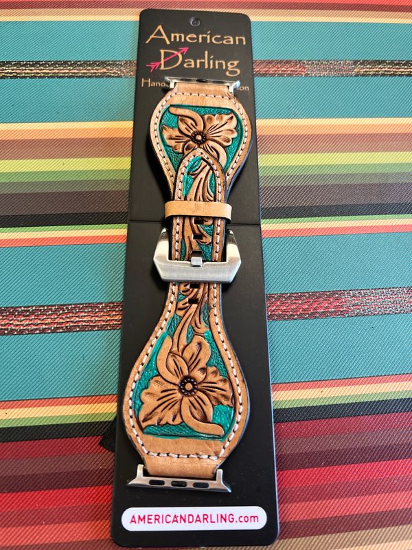 Tan Floral Teal Tooled Leather Watchband 