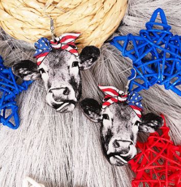Patriotic Bandana Cow Earrings 