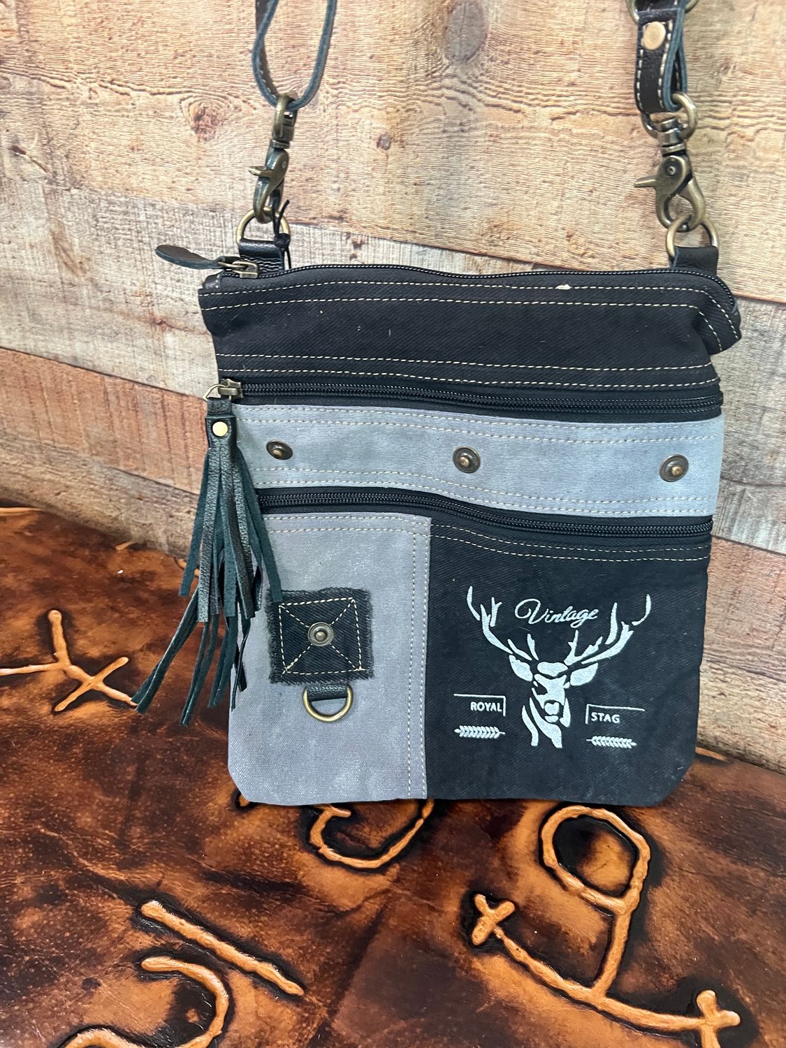 Black &amp; Gray Canvas Small Crossbody Bag 