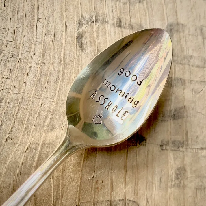 Naughty Coffee Themed Hand-Stamped Vintage Silver Spoons - Good Morning A**hole
