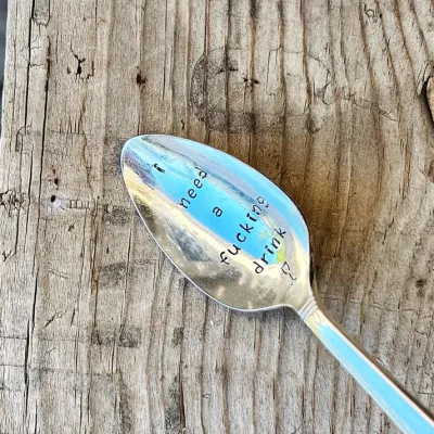 Naughty Coffee Themed Hand-Stamped Vintage Silver Spoons - I need a F***ing drink