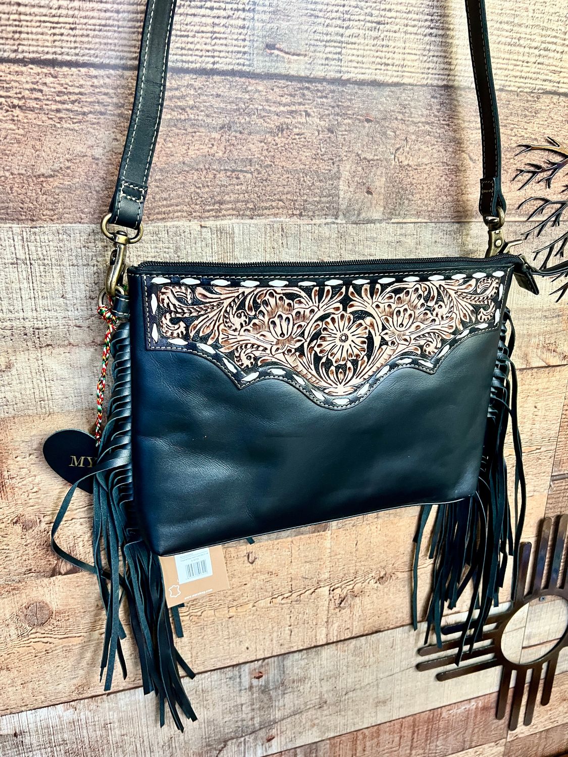 Black Fringe Crossbody Tooled Leather