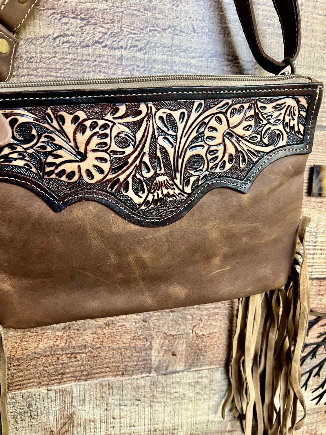 Mocha Fringe Tooled Bag